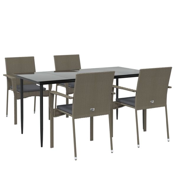 vidaXL 5 Piece Garden Dining Set with Cushions Black and Grey Poly Rattan