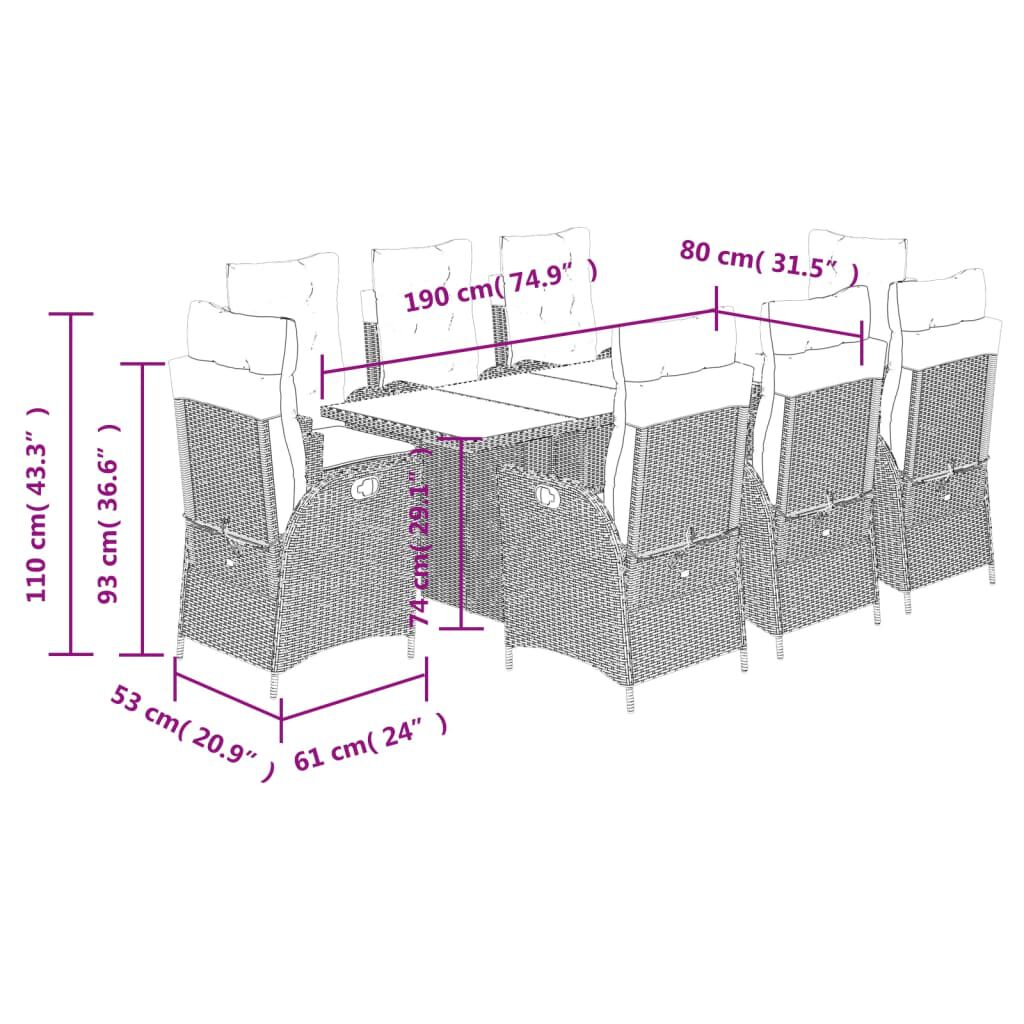 vidaXL 9 Piece Garden Dining Set with Cushions Brown Poly Rattan