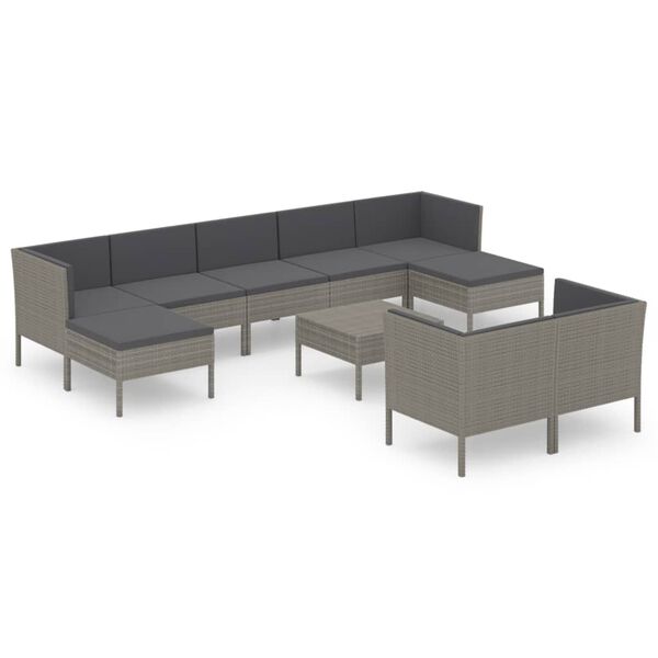 vidaXL 10 Piece Garden Lounge Set with Cushions Poly Rattan Grey