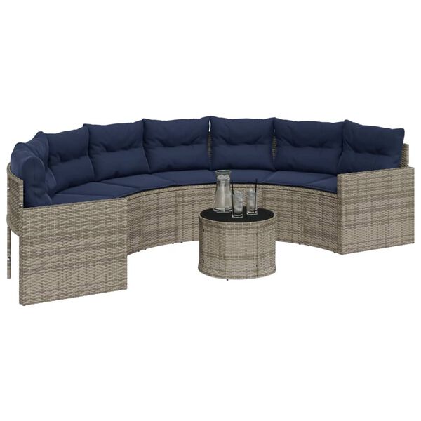 vidaXL Garden Sofa with Table and Cushions Half-Round Grey Poly Rattan