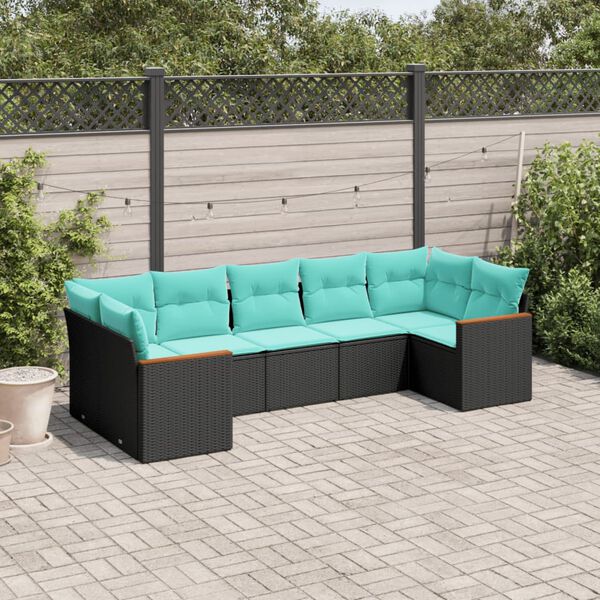 vidaXL 7 Piece Garden Sofa Set with Cushions Black Poly Rattan