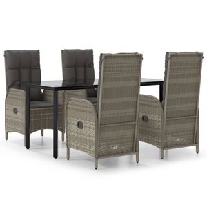 vidaXL 5 Piece Garden Dining Set with Cushions Black and Grey Poly Rattan