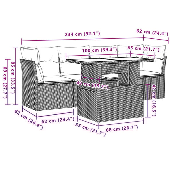 vidaXL 5 Piece Garden Sofa Set with Cushions Brown Poly Rattan