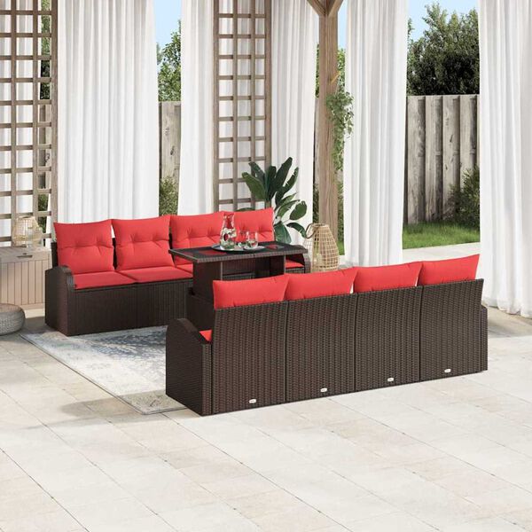 vidaXL Sofa Set with Cushion 9 pcs Brown Poly Rattan