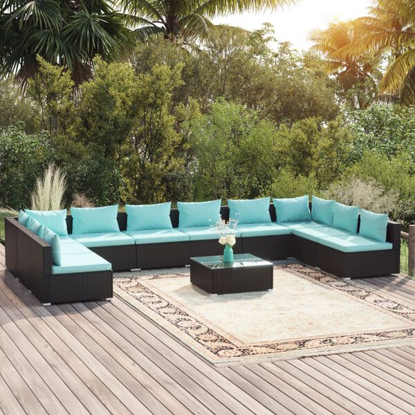 vidaXL 11 Piece Garden Lounge Set with Cushions Poly Rattan Black
