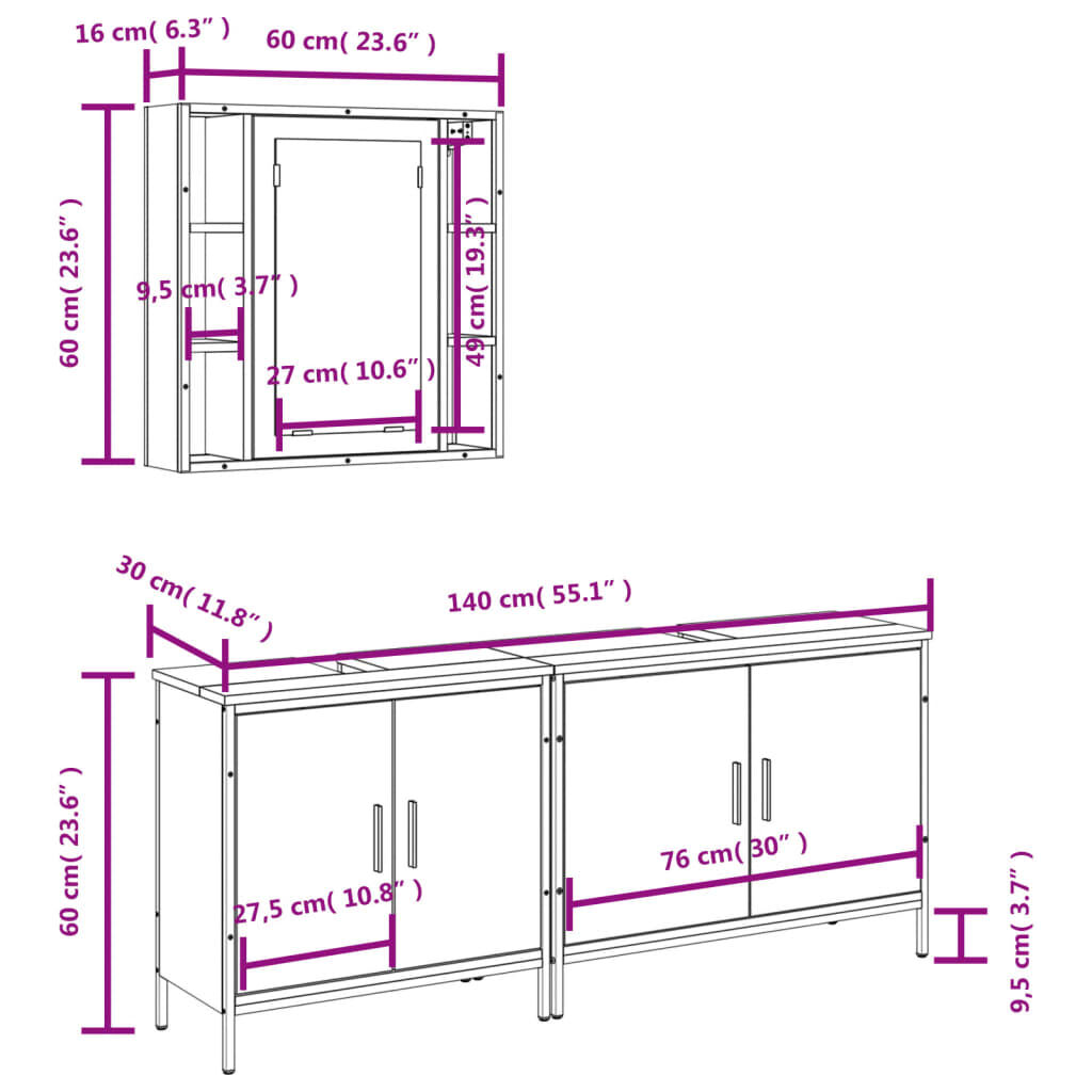 vidaXL 3 Piece Bathroom Cabinet Set Black Engineered Wood