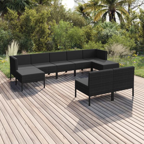 vidaXL 9 Piece Garden Lounge Set with Cushions Poly Rattan Black