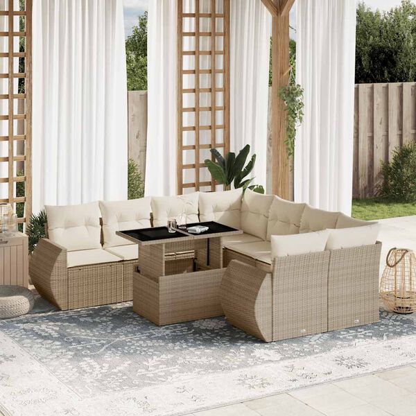 vidaXL 9 Piece Garden Sofa Set with Cushions Beige Poly Rattan