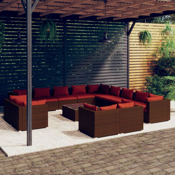 vidaXL 14 Piece Garden Lounge Set with Cushions Brown Poly Rattan