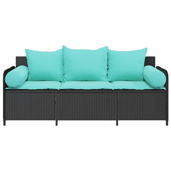 vidaXL Garden Sofa with Cushions 3-Seater Black Poly Rattan
