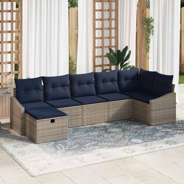 vidaXL Sofa Set with Cushion with Storage 7 pcs Grey Poly Rattan