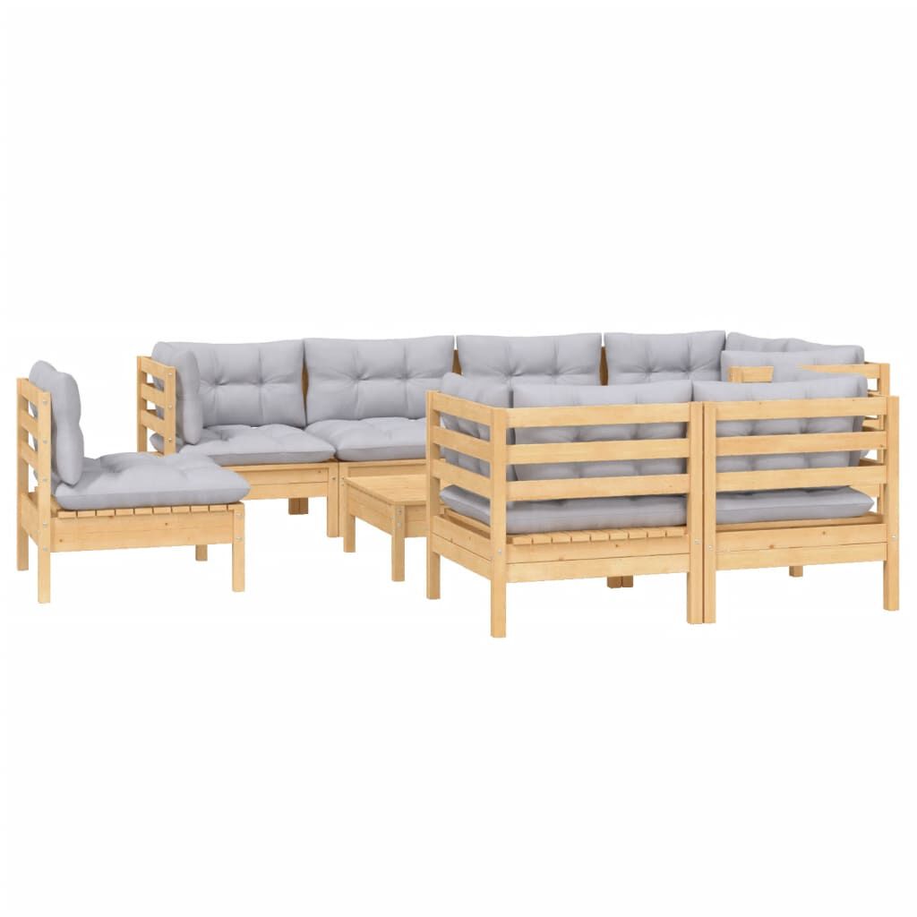 vidaXL 9 Piece Garden Lounge Set with Grey Cushions Solid Pinewood