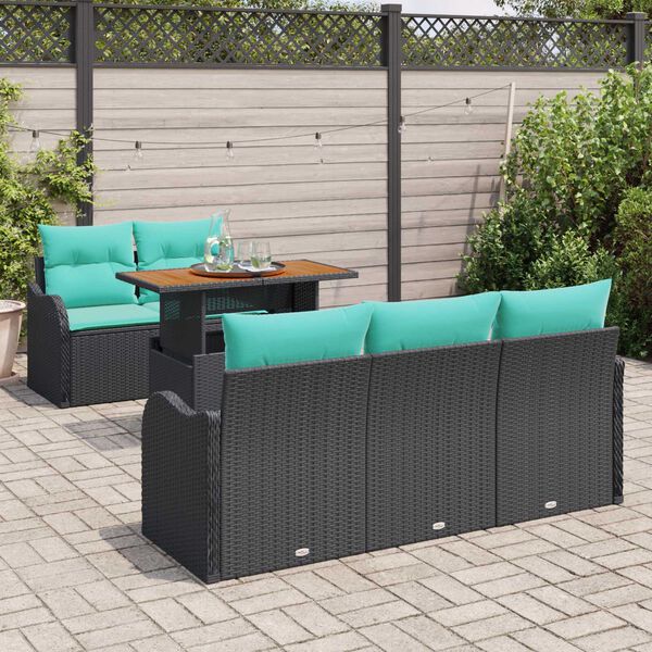 vidaXL 6 Piece Garden Sofa Set with Cushions Black Poly Rattan Acacia