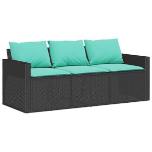 vidaXL Garden Sofa with Cushions 3-Seater Black Poly Rattan