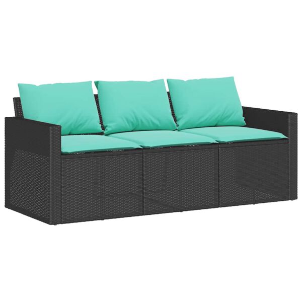 vidaXL Garden Sofa with Cushions 3-Seater Black Poly Rattan