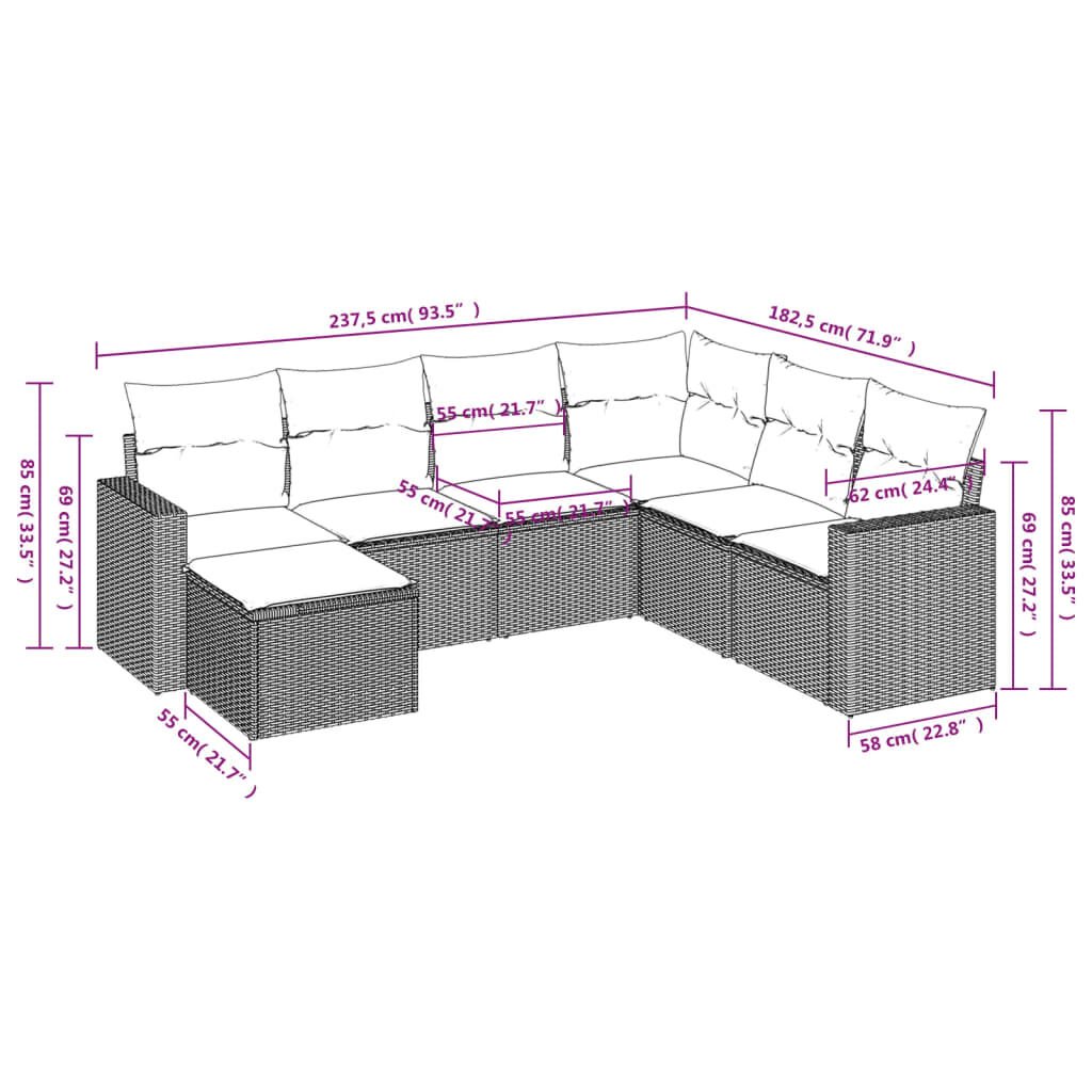 vidaXL 7 Piece Garden Sofa Set with Cushions Grey Poly Rattan
