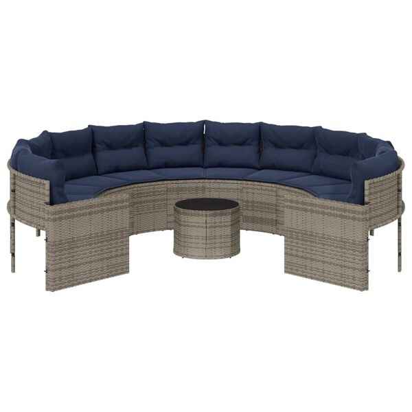 vidaXL Garden Sofa with Table and Cushions Round Grey Poly Rattan