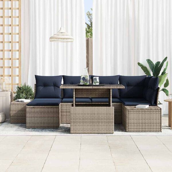 vidaXL Garden Sofa Set with Cushion 7 pcs Grey and navy blue