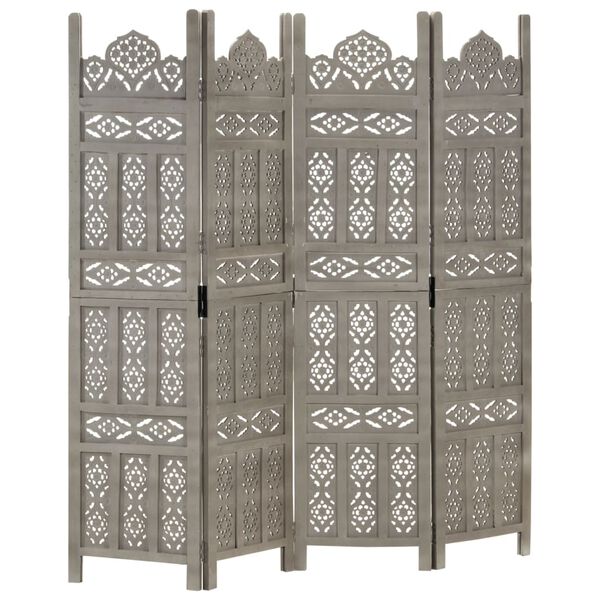 vidaXL Hand carved 4-Panel Room Divider Grey 160x165 cm Solid Mango Wood