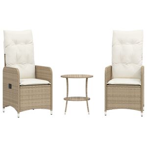 vidaXL Reclining Garden Chairs 2 pcs with Table Beige Poly Rattan