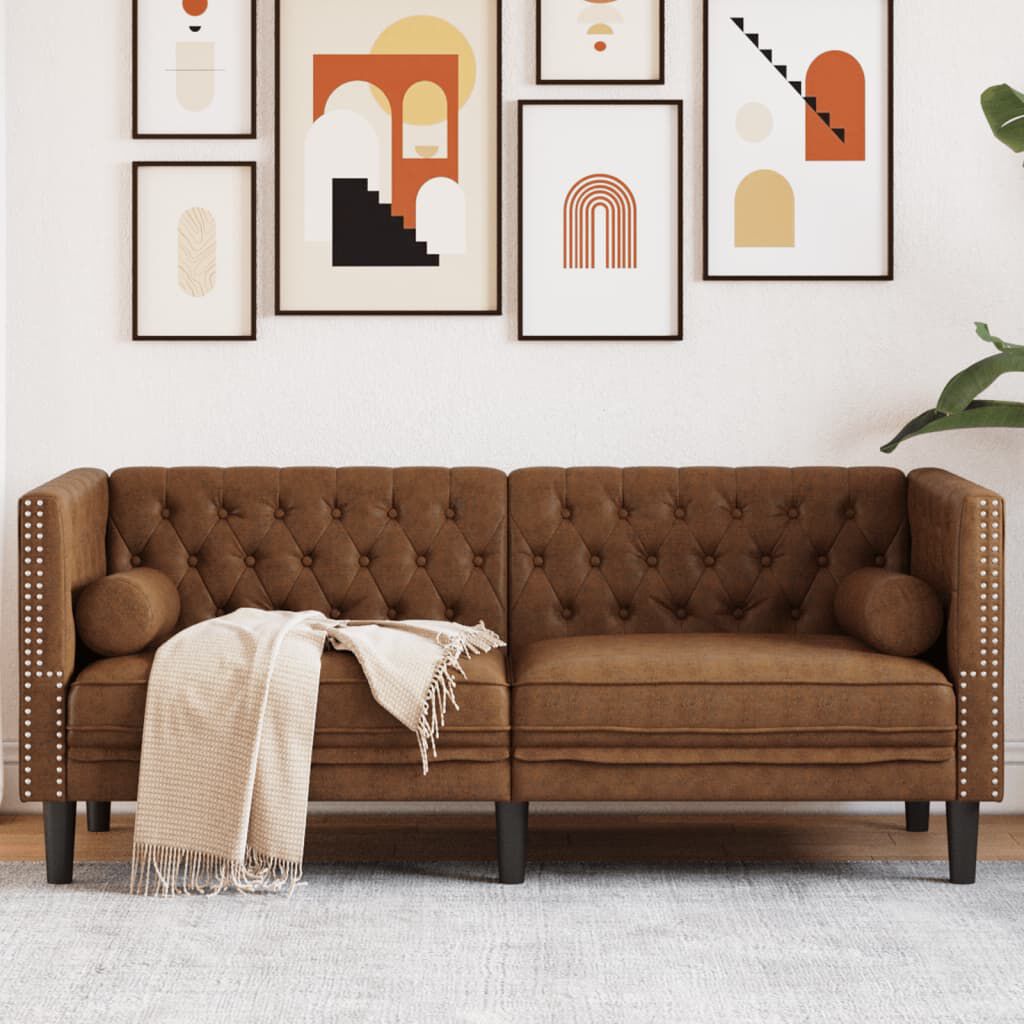 vidaXL Chesterfield Sofa with Bolsters 2-Seater Brown Faux Suede Leather