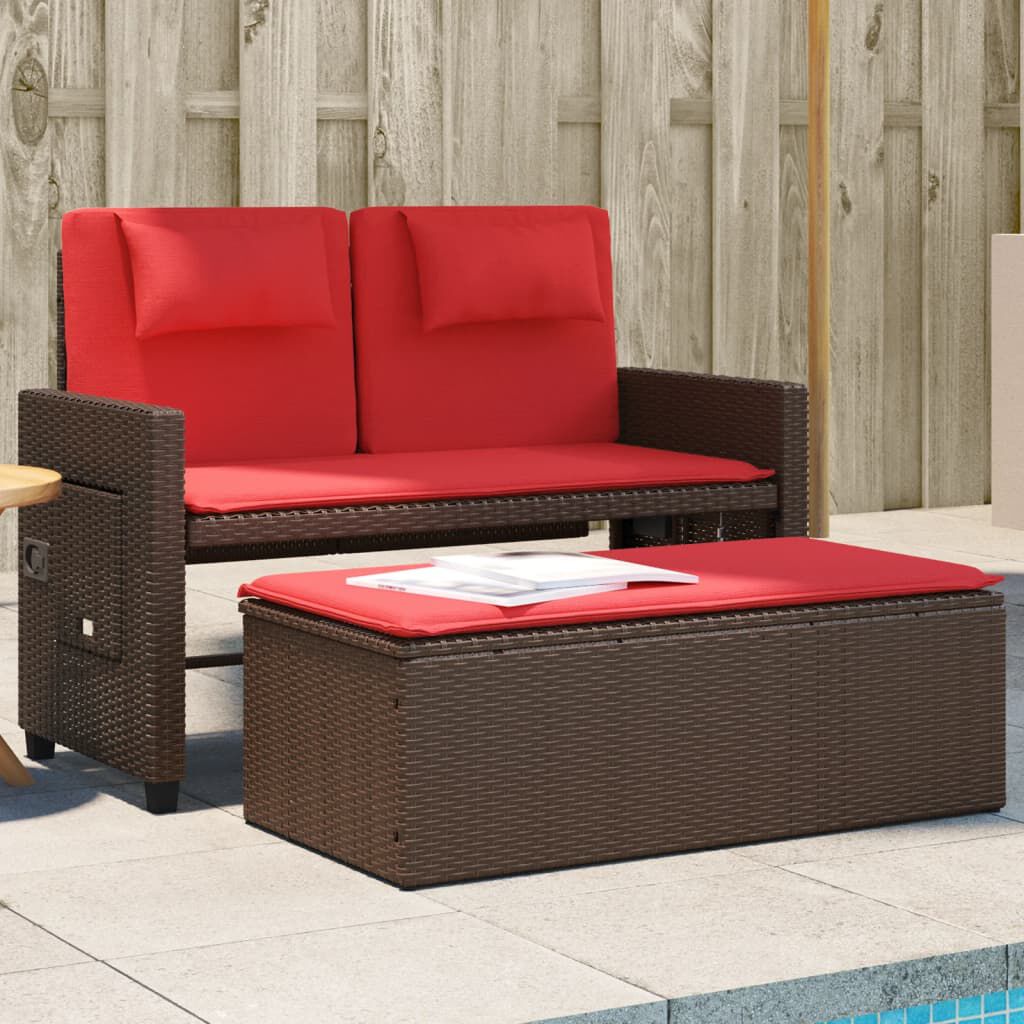 vidaXL Reclining Garden Bench with Cushions Brown Poly Rattan