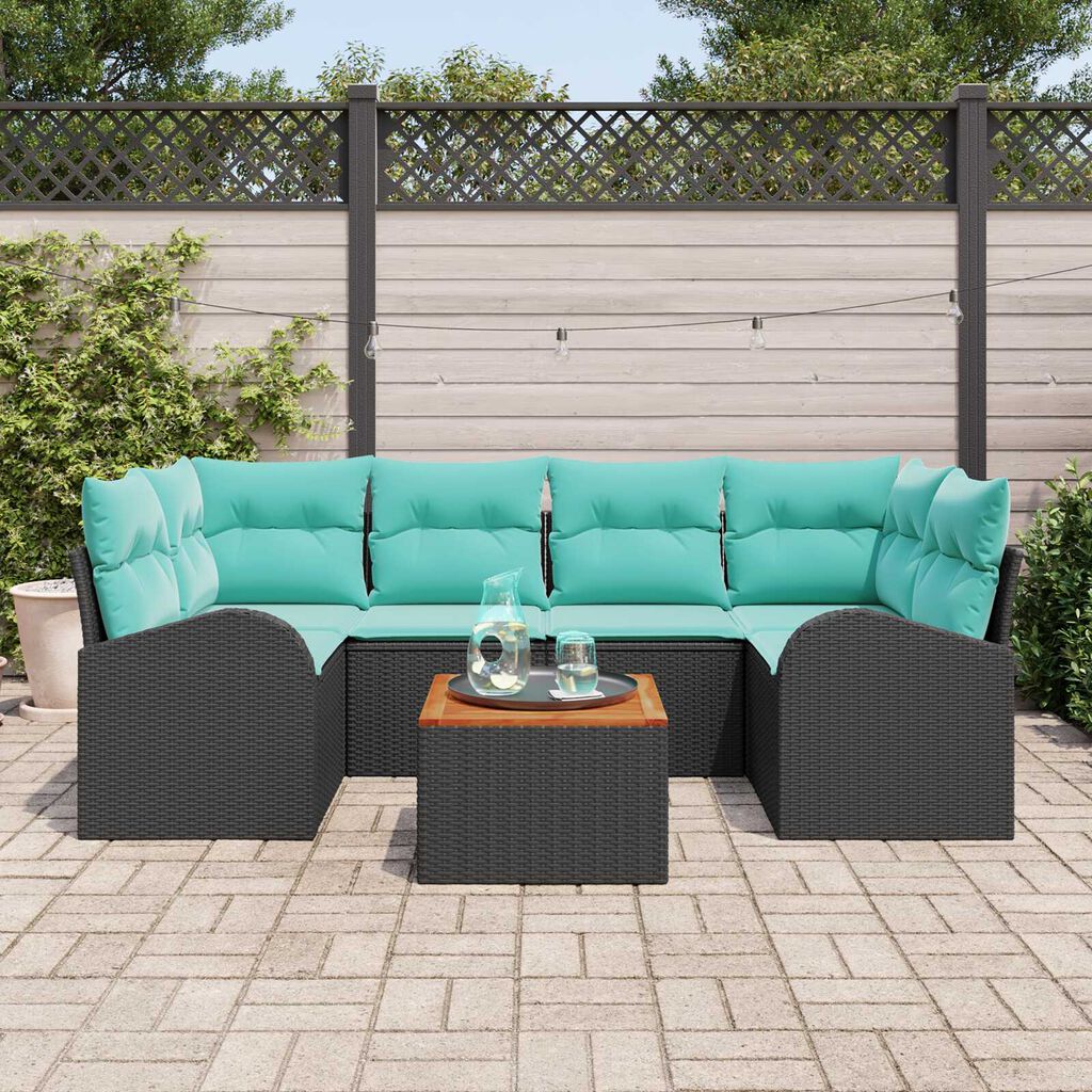 vidaXL 7 Piece Garden Sofa Set with Cushions Black Poly Rattan Acacia