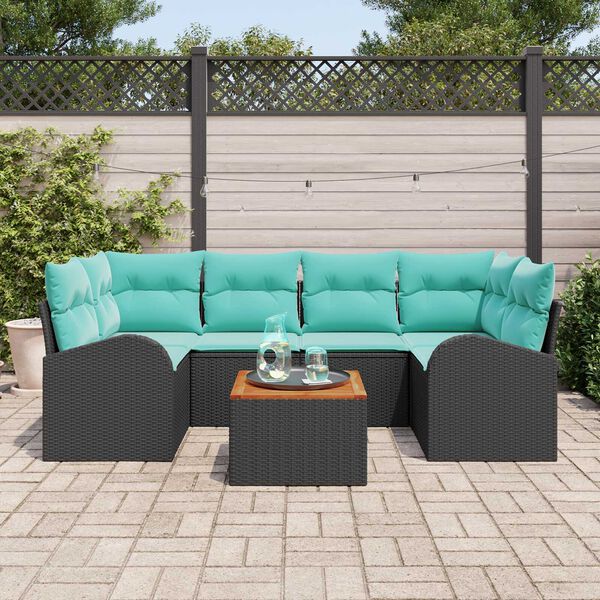 vidaXL 7 Piece Garden Sofa Set with Cushions Black Poly Rattan Acacia