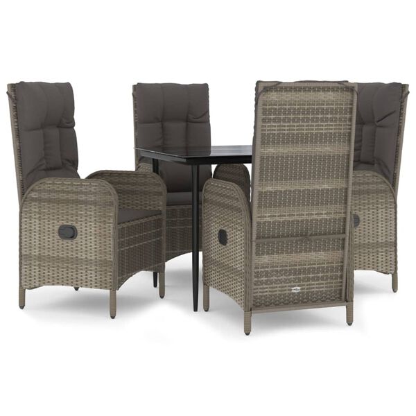 vidaXL 5 Piece Garden Dining Set with Cushions Black and Grey Poly Rattan