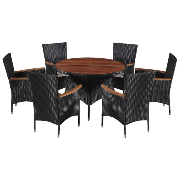 vidaXL 7 Piece Outdoor Dining Set Poly Rattan and Acacia Wood Black