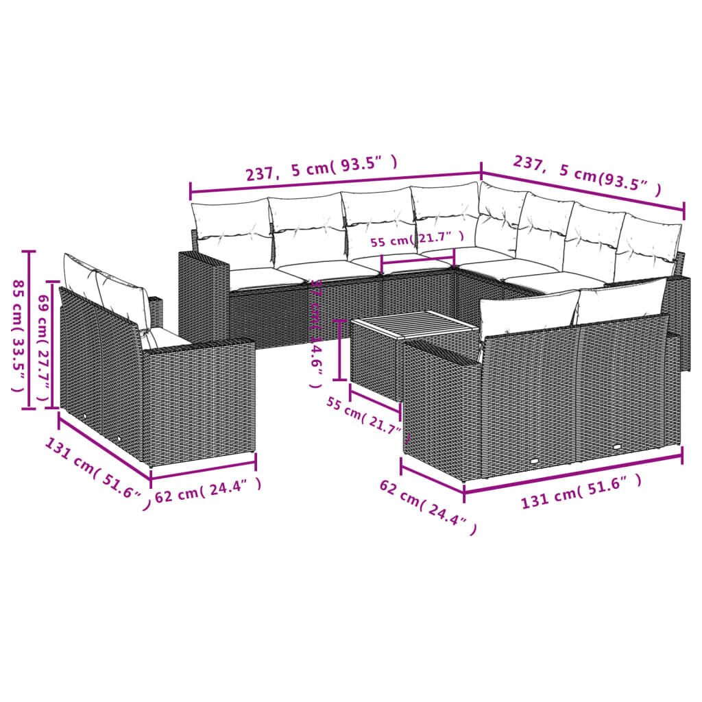 vidaXL 12 Piece Garden Sofa Set with Cushions Beige Poly Rattan