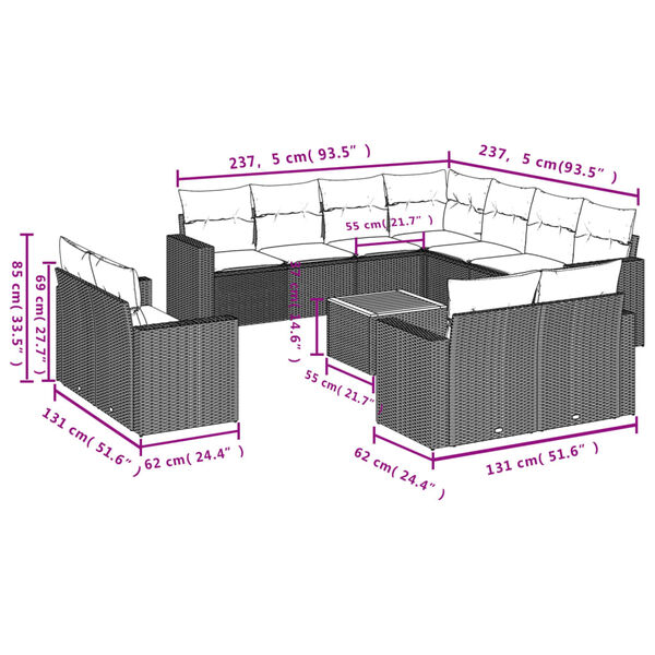 vidaXL 12 Piece Garden Sofa Set with Cushions Beige Poly Rattan