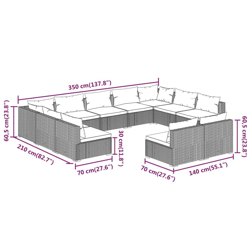 vidaXL 11 Piece Garden Lounge Set with Cushions Brown Poly Rattan