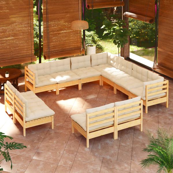 vidaXL 11 Piece Garden Lounge Set with Cream Cushions Solid Pinewood