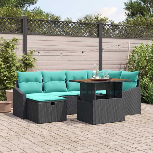 vidaXL 7 Piece Garden Sofa Set with Cushions Black Poly Rattan