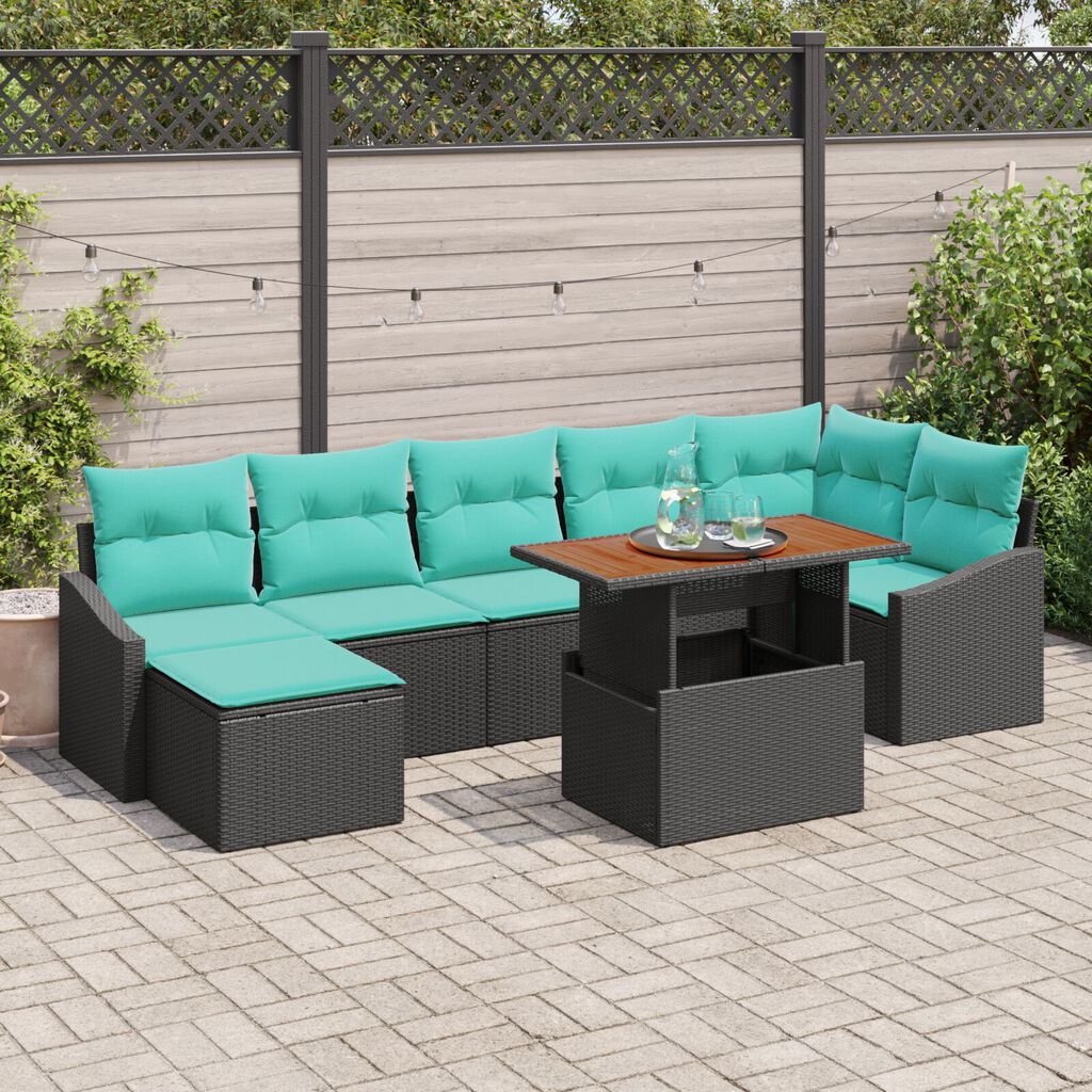vidaXL 8 Piece Garden Sofa Set with Cushions Black Poly Rattan Acacia