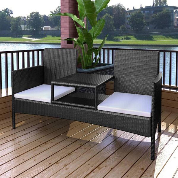 vidaXL 2-Seater Garden Sofa with Tea Table Poly Rattan Black