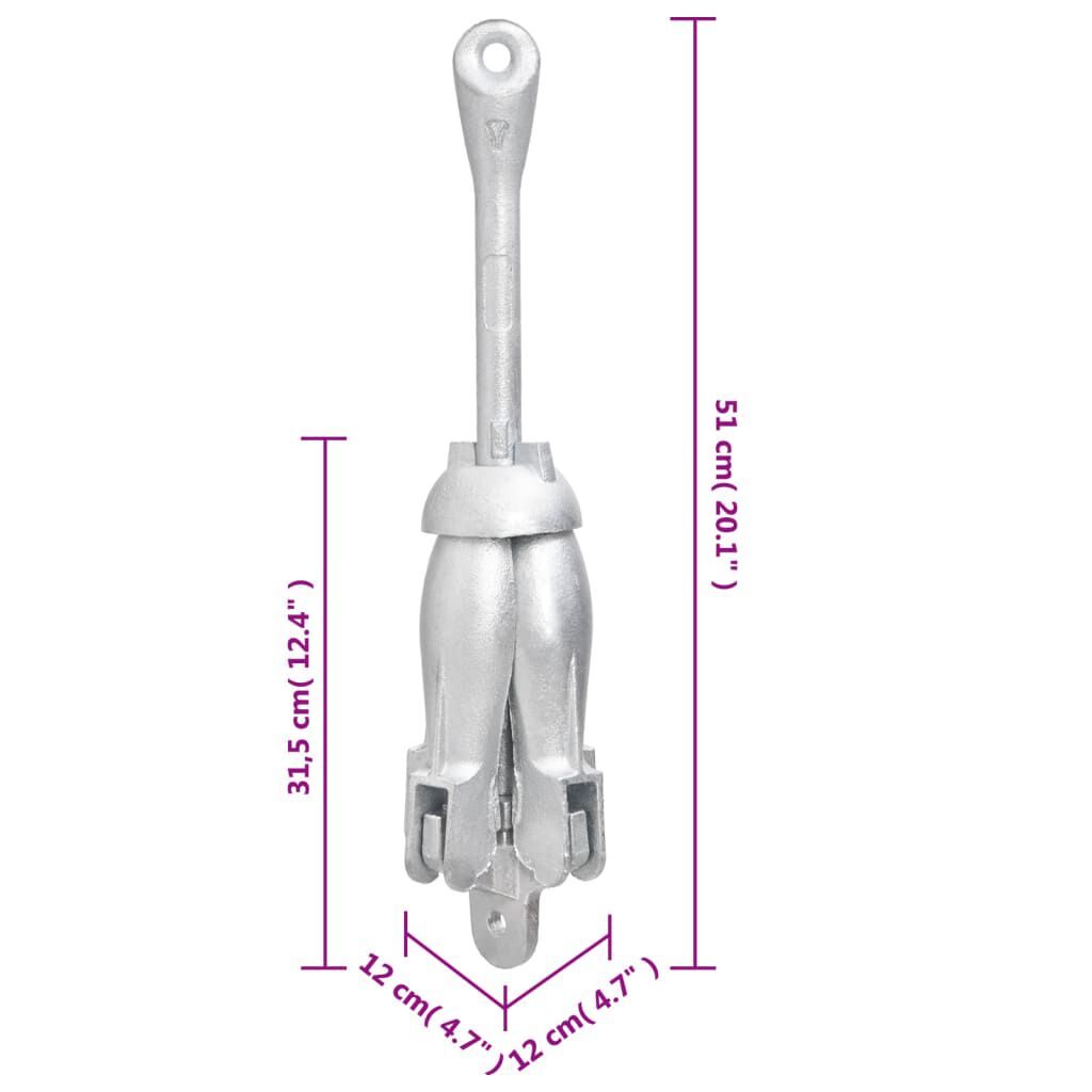 vidaXL Folding Anchor with Rope Silver 6 kg Hot Dip Galvanized Cast Iron
