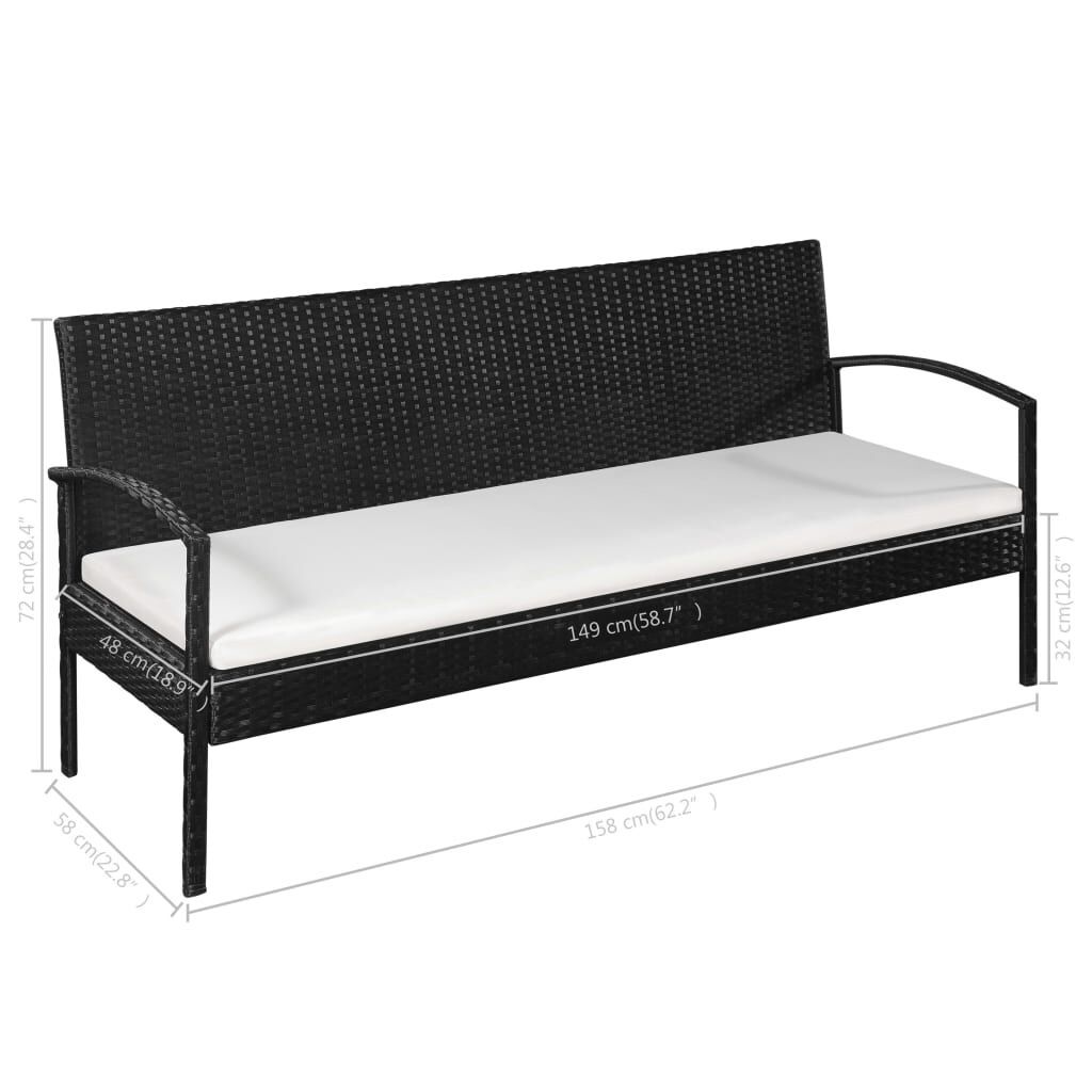 vidaXL 3 Seater Garden Sofa with Cushions Black Poly Rattan