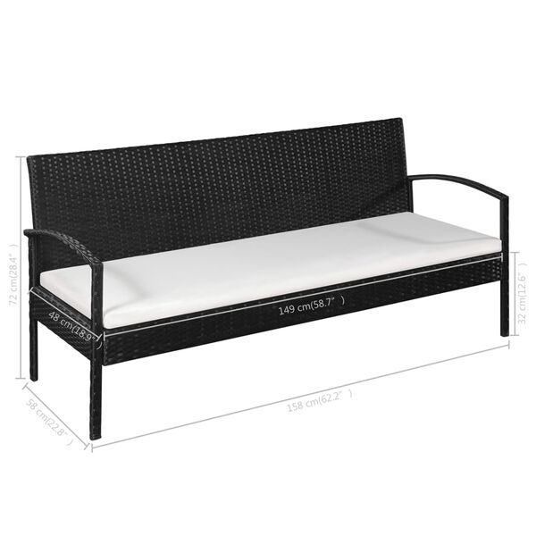 vidaXL 3 Seater Garden Sofa with Cushions Black Poly Rattan