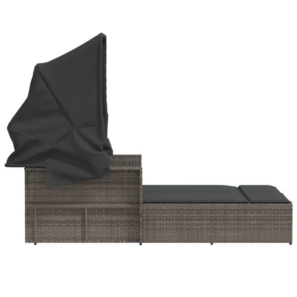 vidaXL Double Sun Lounger with Canopy and Cushions Grey Poly Rattan