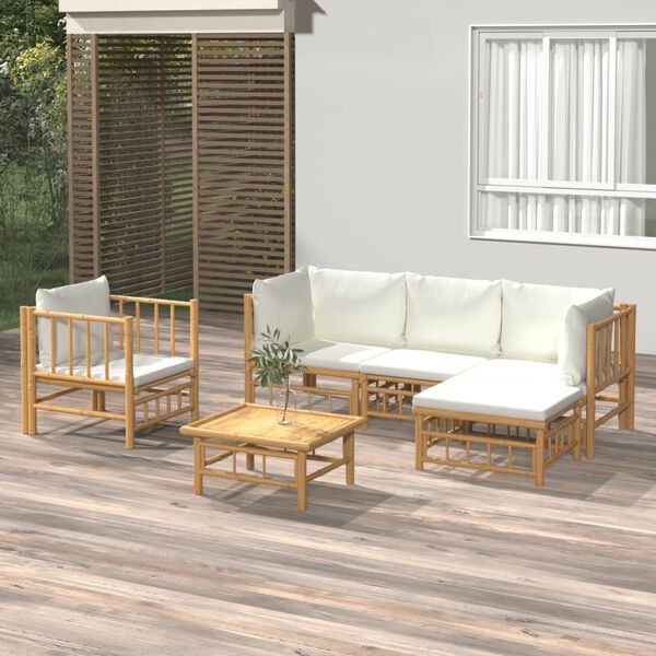 vidaXL 6 Piece Garden Lounge Set with Cream White Cushions Bamboo