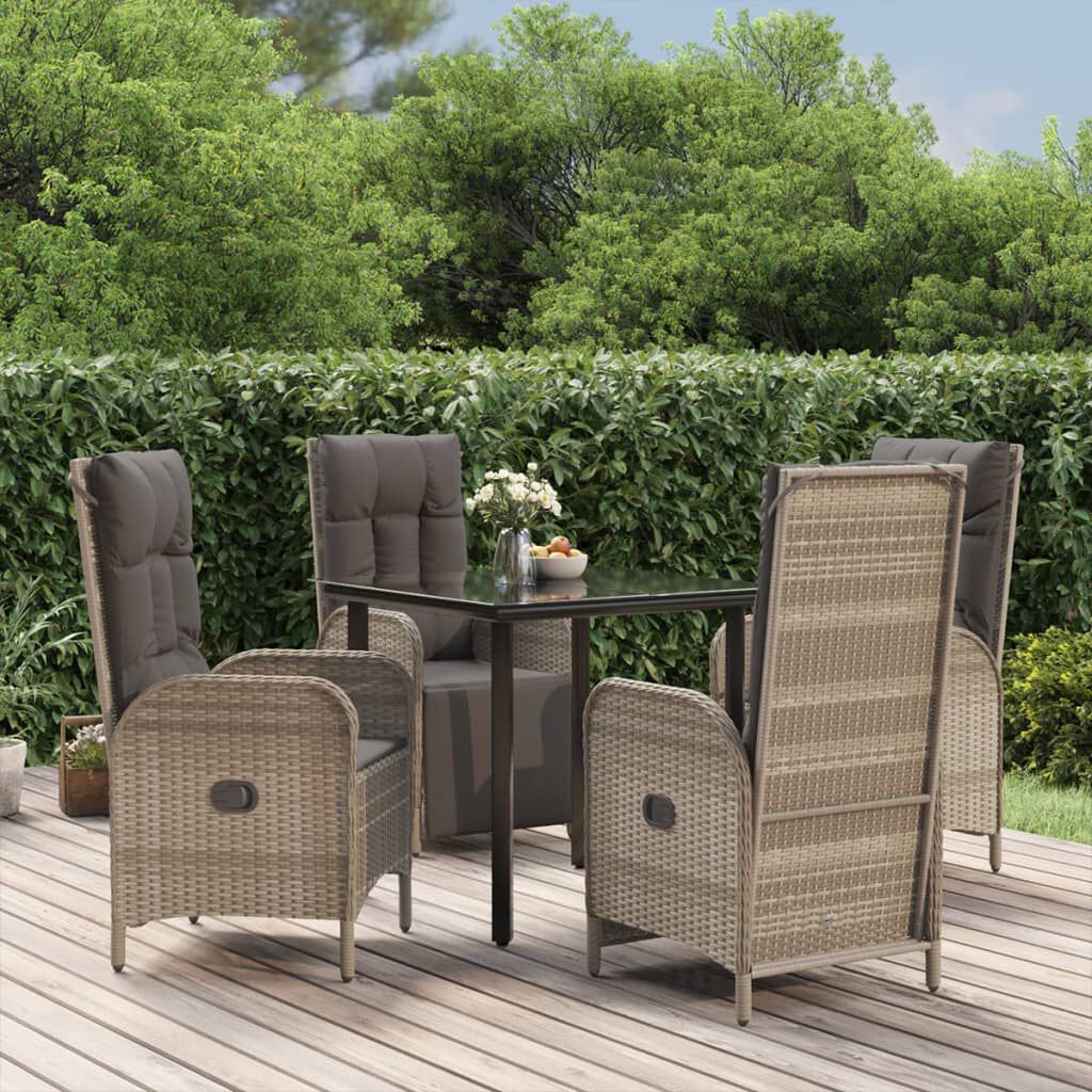 vidaXL 5 Piece Garden Dining Set with Cushions Black and Grey Poly Rattan
