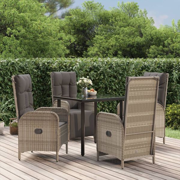 vidaXL 5 Piece Garden Dining Set with Cushions Black and Grey Poly Rattan