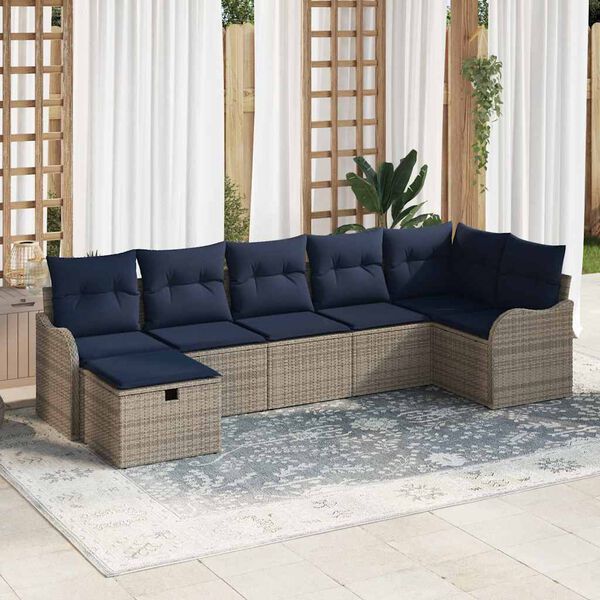 vidaXL Sofa Set with Cushion with Storage Grey and Navy Poly Rattan