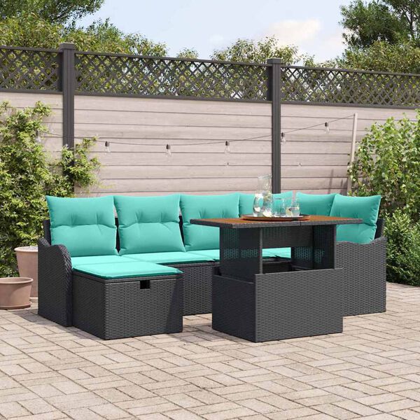 vidaXL Garden Sofa Set with Cushion 7 pcs Black Poly Rattan