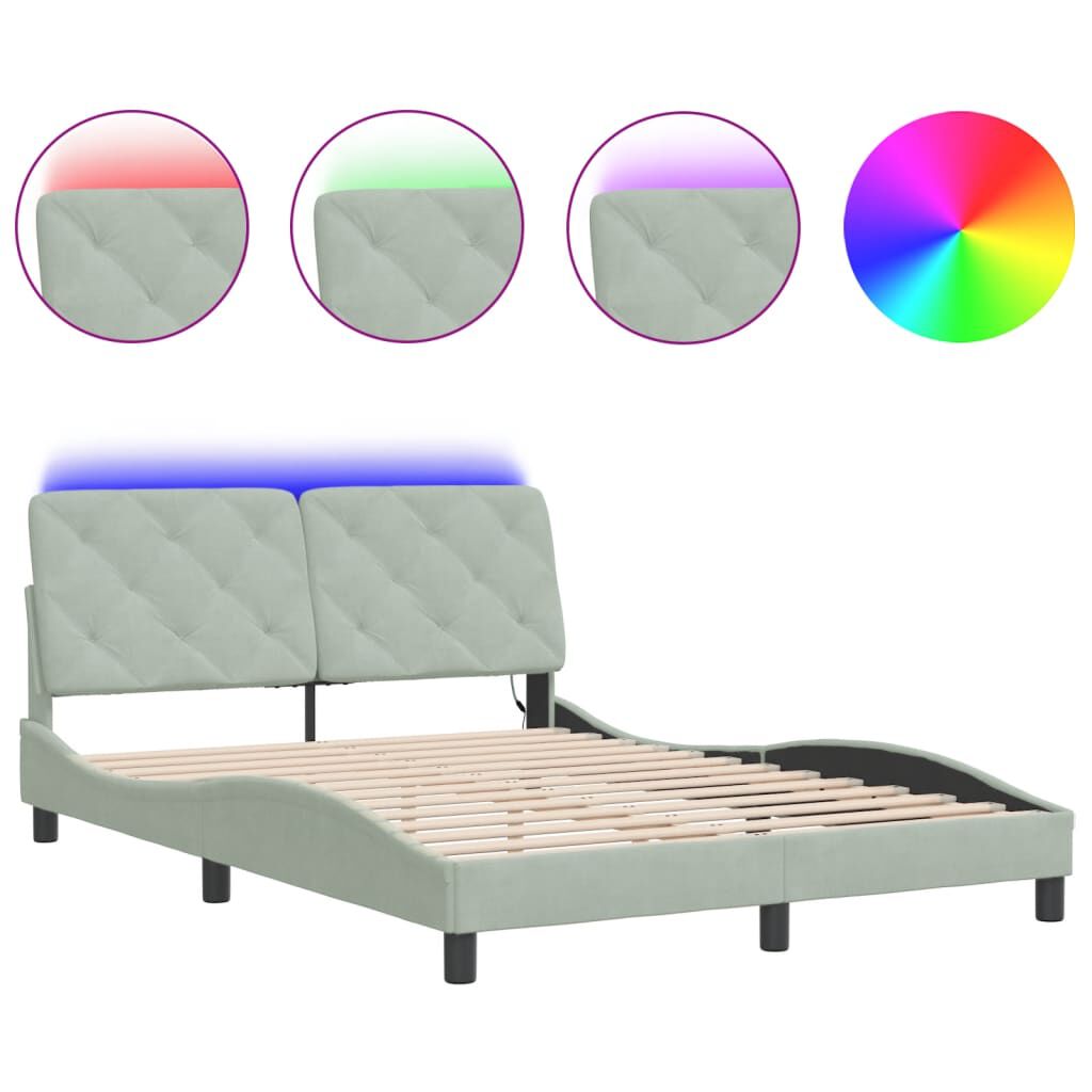 vidaXL Bed Frame with LED without Mattress Light Grey 137x190 cm Velvet