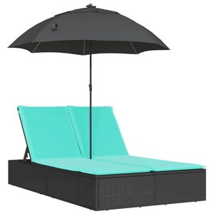vidaXL Double Sun Lounger with Cushions&Parasol Black Poly Rattan