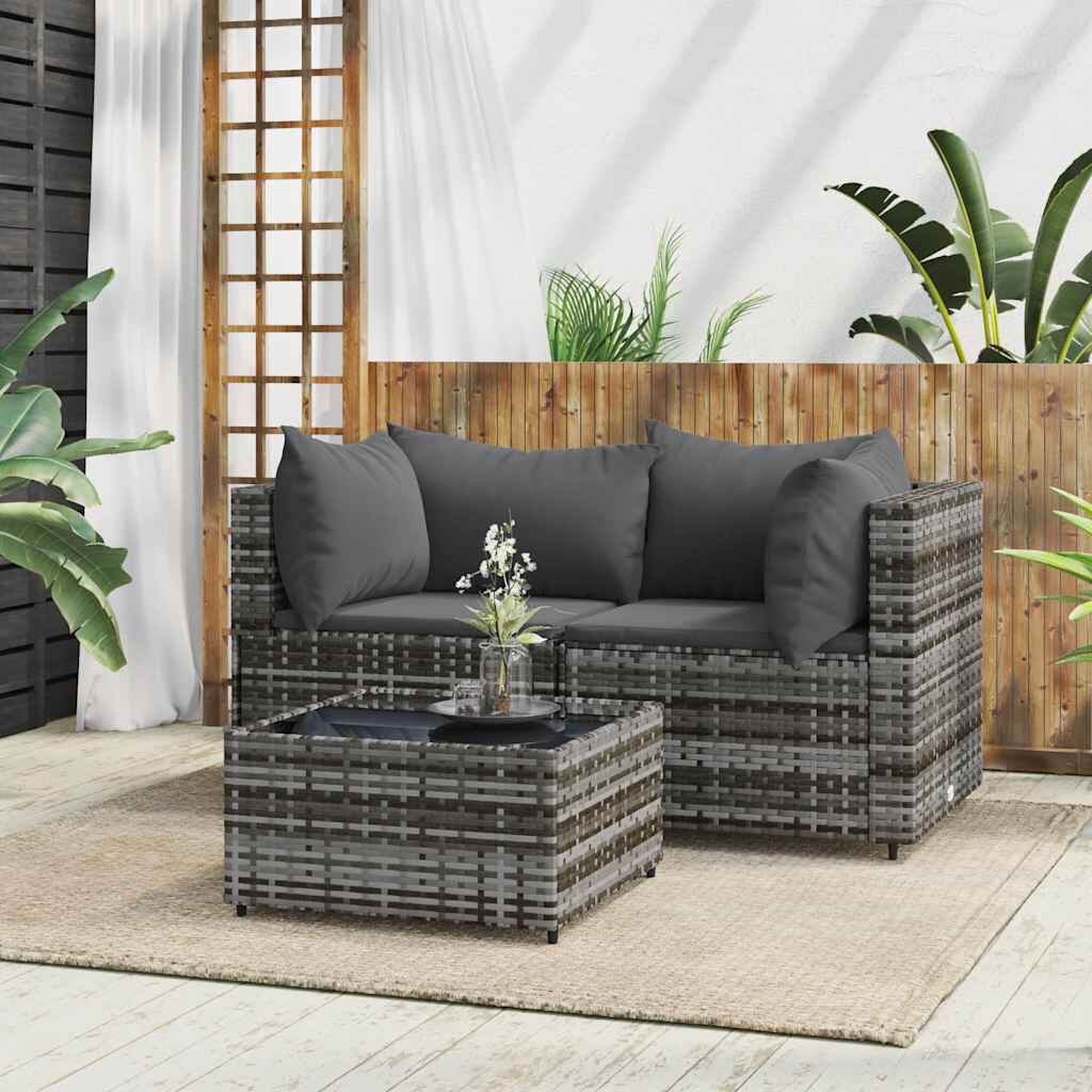 vidaXL 3 Piece Garden Lounge Set with Cushions Grey Poly Rattan