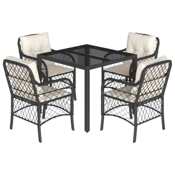 vidaXL 5 Piece Garden Dining Set with Cushions Black Poly Rattan
